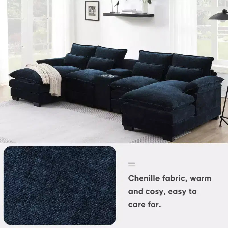 Whisen Modern Design Chenille U-shaped Sectional Sofa with Cup Holders and USB Charger