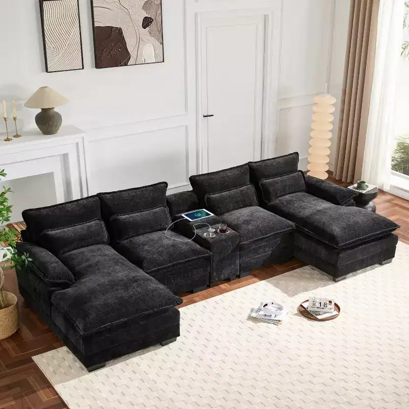 Whisen Modern Design Chenille U-shaped Sectional Sofa with Cup Holders and USB Charger