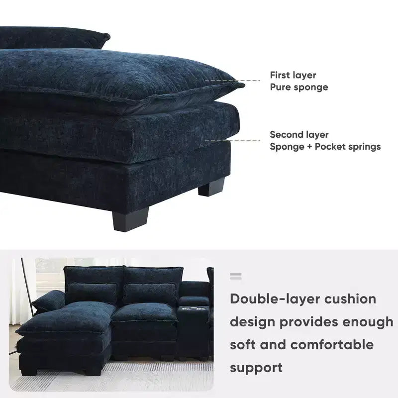 Whisen Modern Design Chenille U-shaped Sectional Sofa with Cup Holders and USB Charger