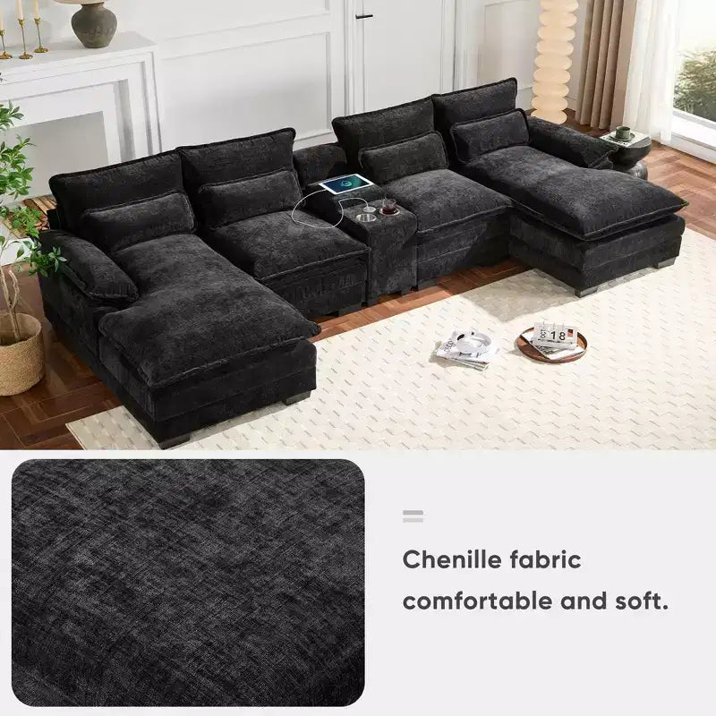 Whisen Modern Design Chenille U-shaped Sectional Sofa with Cup Holders and USB Charger