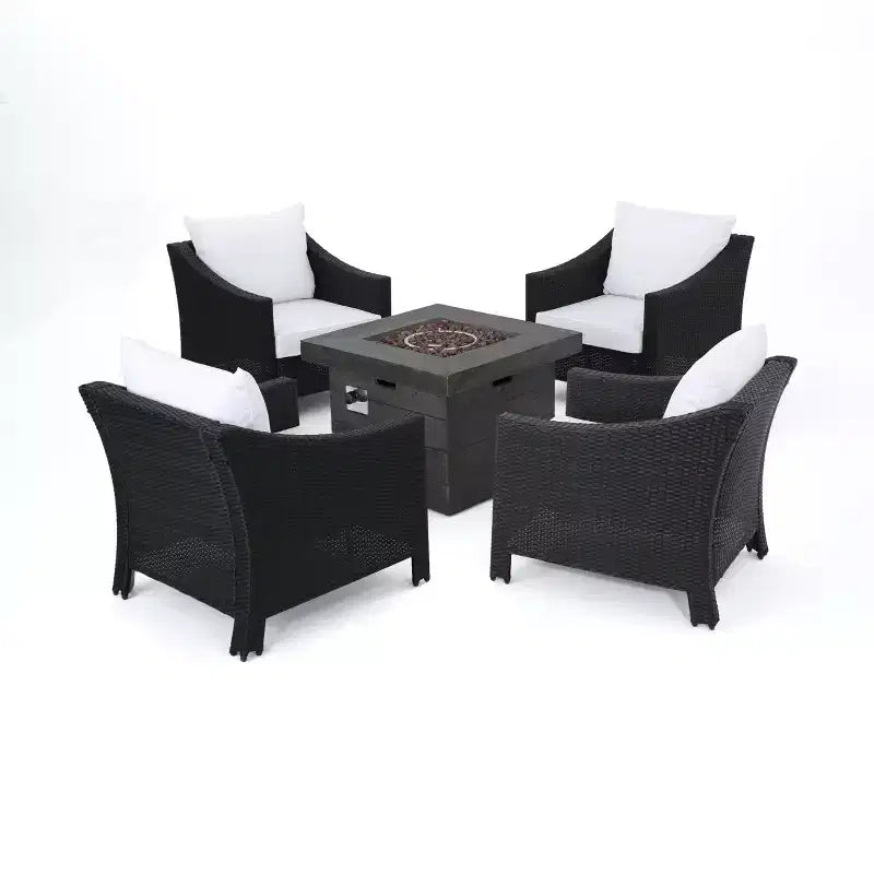 Christopher Knight Home Antibes Outdoor Wicker 5 Piece Club Chair and Fire Pit Set with Cushions