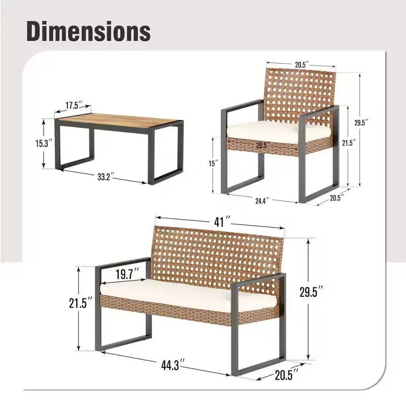 Juego de conversación acolchado de mimbre y ratán para patio exterior de 4 piezas con sillones y mesa de centro Captiva Designs