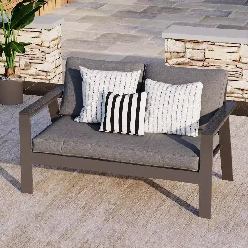 Juego de muebles de loveseat de patio al aire libre Heynemo de 2 asientos de aluminio con madera sintética, muebles de conversación de sofá de aluminio con cojines