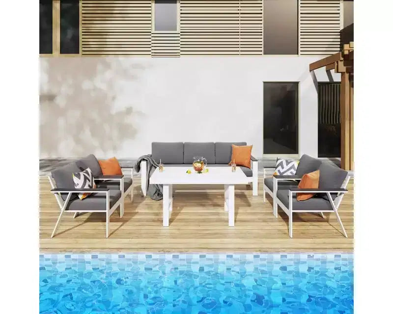 Juego de muebles de loveseat de patio al aire libre Heynemo de 2 asientos de aluminio con madera sintética, muebles de conversación de sofá de aluminio con cojines