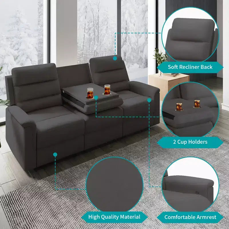 Mjkone 3-Seater Recliner Sofa,Adjustable Living Room Sofa with Flip Middle Backrest, Home Theater Seating Couch