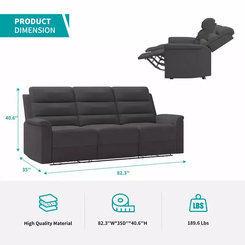 Mjkone 3-Seater Recliner Sofa,Adjustable Living Room Sofa with Flip Middle Backrest, Home Theater Seating Couch