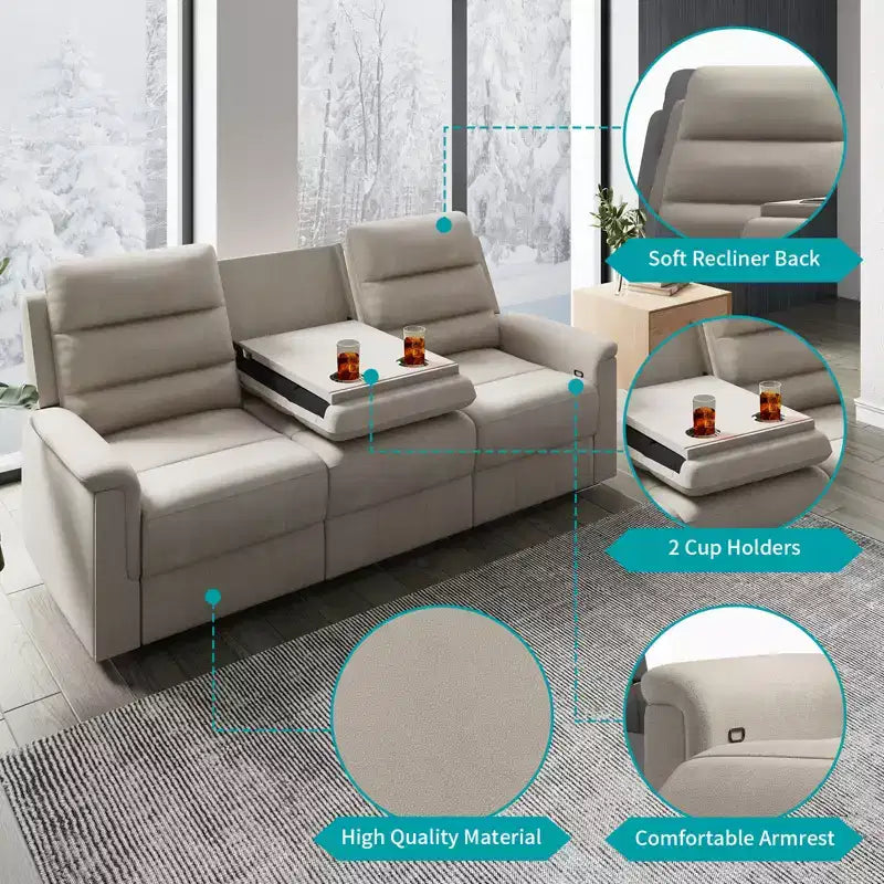 Mjkone 3-Seater Recliner Sofa,Adjustable Living Room Sofa with Flip Middle Backrest, Home Theater Seating Couch