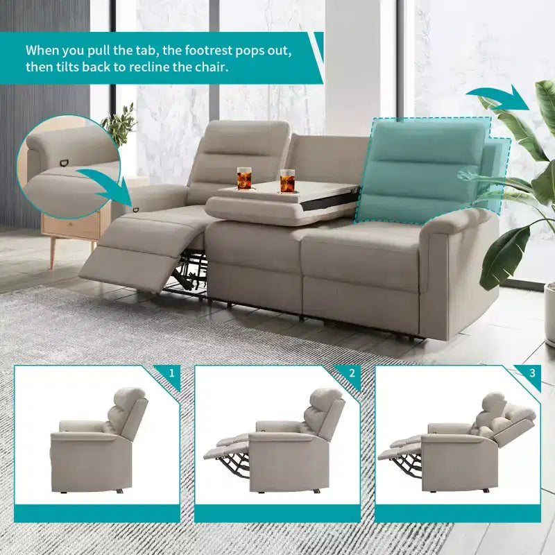 Mjkone 3-Seater Recliner Sofa,Adjustable Living Room Sofa with Flip Middle Backrest, Home Theater Seating Couch