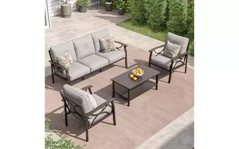 Heynemo Outdoor Patio Furniture Set, 4 Piece Patio Conversation Set with Coffee Table, Metal Furniture Set for Porch Backyard Garden, Grey