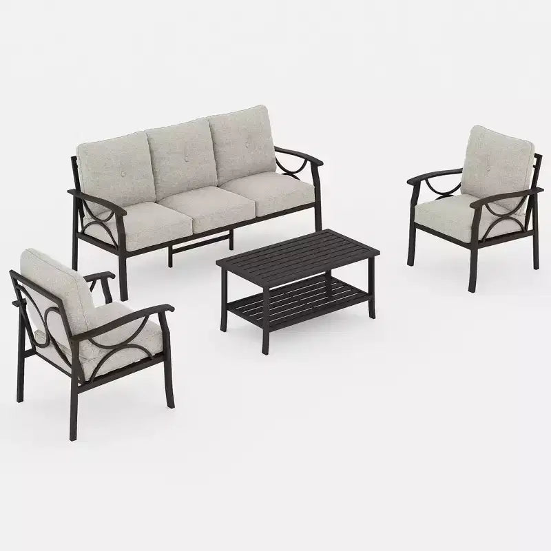 Juego de muebles de patio Heynemo para exteriores, juego de conversación de patio de 4 piezas con mesa de centro, juego de muebles de metal para porche, patio trasero, jardín, gris