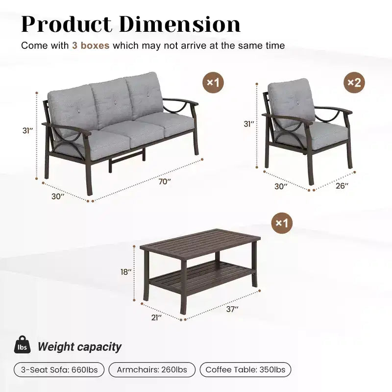 Juego de muebles de patio Heynemo para exteriores, juego de conversación de patio de 4 piezas con mesa de centro, juego de muebles de metal para porche, patio trasero, jardín, gris