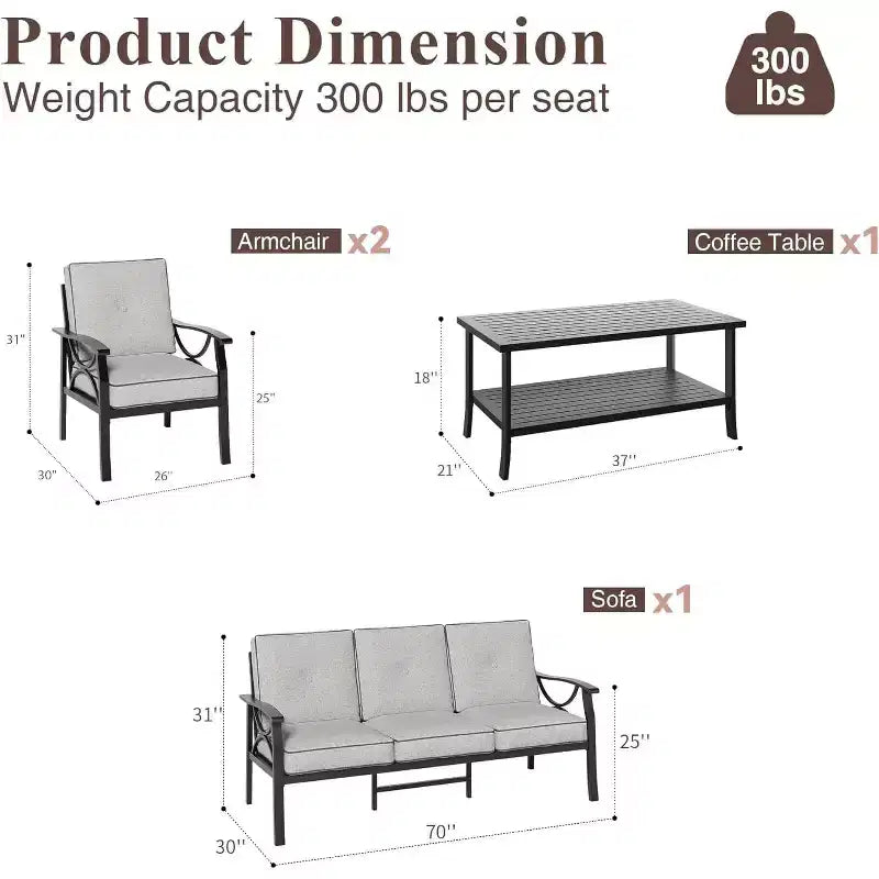 Juego de muebles de patio Heynemo para exteriores, juego de conversación de patio de 4 piezas con mesa de centro, juego de muebles de metal para porche, patio trasero, jardín, gris