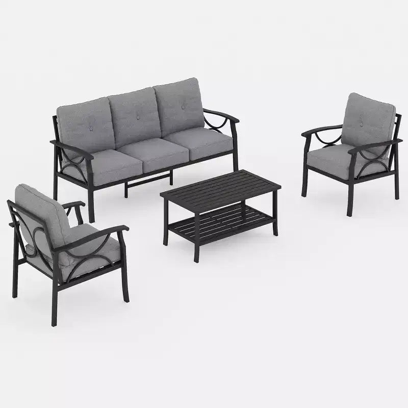 Juego de muebles de patio Heynemo para exteriores, juego de conversación de patio de 4 piezas con mesa de centro, juego de muebles de metal para porche, patio trasero, jardín, gris