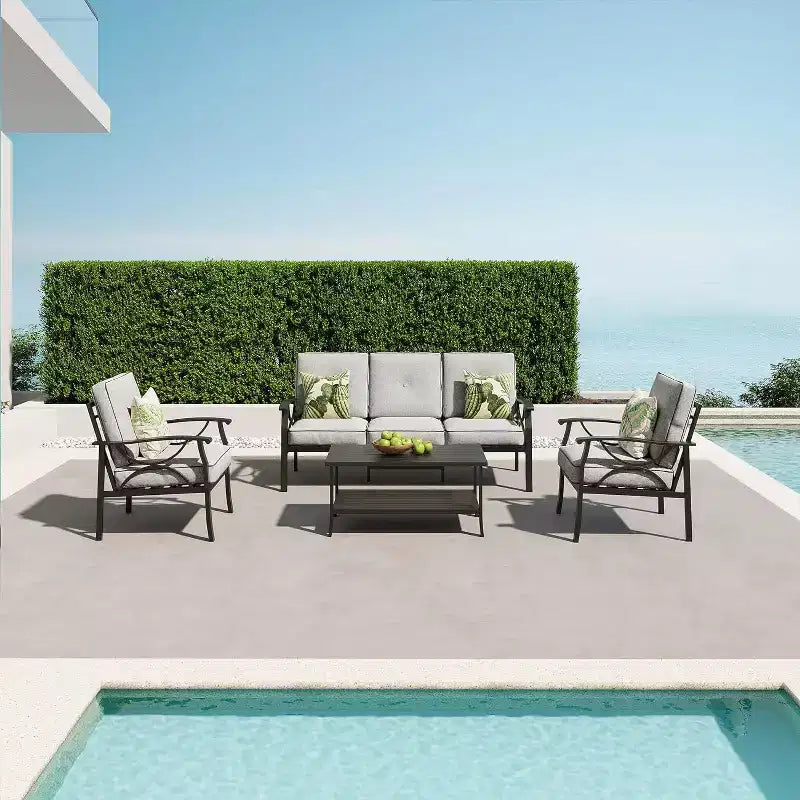 Juego de muebles de patio Heynemo para exteriores, juego de conversación de patio de 4 piezas con mesa de centro, juego de muebles de metal para porche, patio trasero, jardín, gris