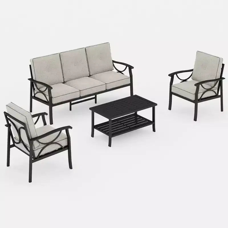 Juego de muebles de patio Heynemo para exteriores, juego de conversación de patio de 4 piezas con mesa de centro, juego de muebles de metal para porche, patio trasero, jardín, gris