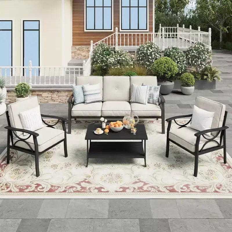 Juego de muebles de patio Heynemo para exteriores, juego de conversación de patio de 4 piezas con mesa de centro, juego de muebles de metal para porche, patio trasero, jardín, gris