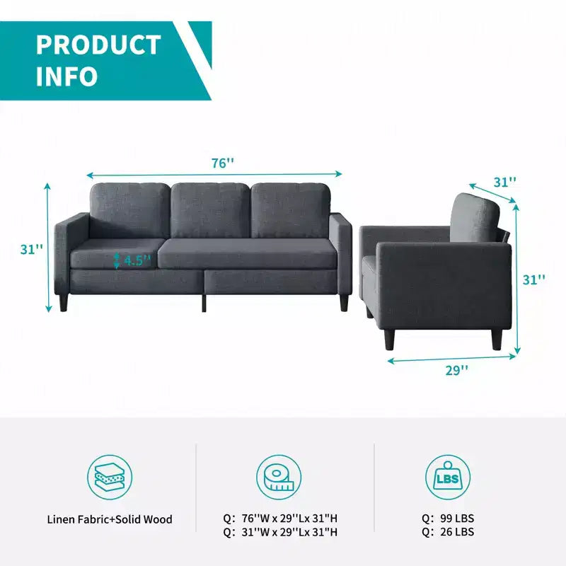 Mjkone Sectional Sofa Couches Set for Living Room 3-Seater Sofa&Single Sofa
