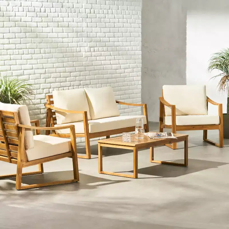 Christopher Knight Home Samwell Outdoor Acacia Wood 4 Seater Chat Set with Water Resistant Cushions