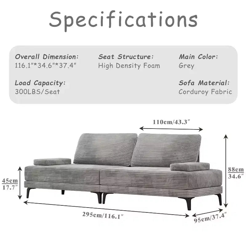 ATJafurn Sectional Sofa Couch 116 Inch Oversized Grey Corduroy 4 Seater Modern Modular Armless Sleeper with Removable Pillows For Living Room
