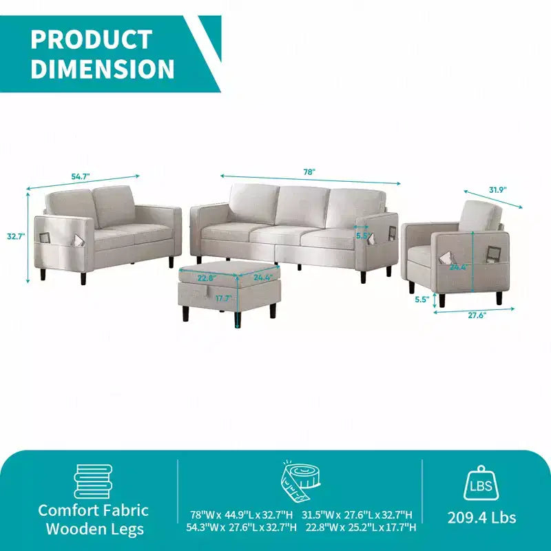 Mjkone 78 Linen Sectional Couches Set , 3-Seater Sofa with Storage Ottoman and Loveset Sofa and Armchair