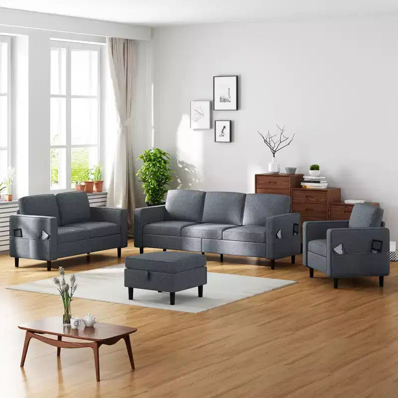Mjkone 78 Linen Sectional Couches Set , 3-Seater Sofa with Storage Ottoman and Loveset Sofa and Armchair