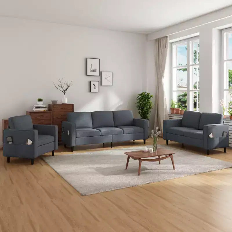 Mjkone 78 Linen Sectional Couches Set , 3-Seater Sofa with Storage Ottoman and Loveset Sofa and Armchair