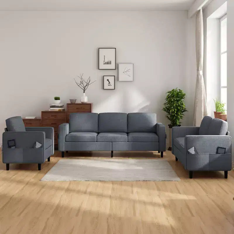 Mjkone 78 Linen Sectional Couches Set , 3-Seater Sofa with Storage Ottoman and Loveset Sofa and Armchair