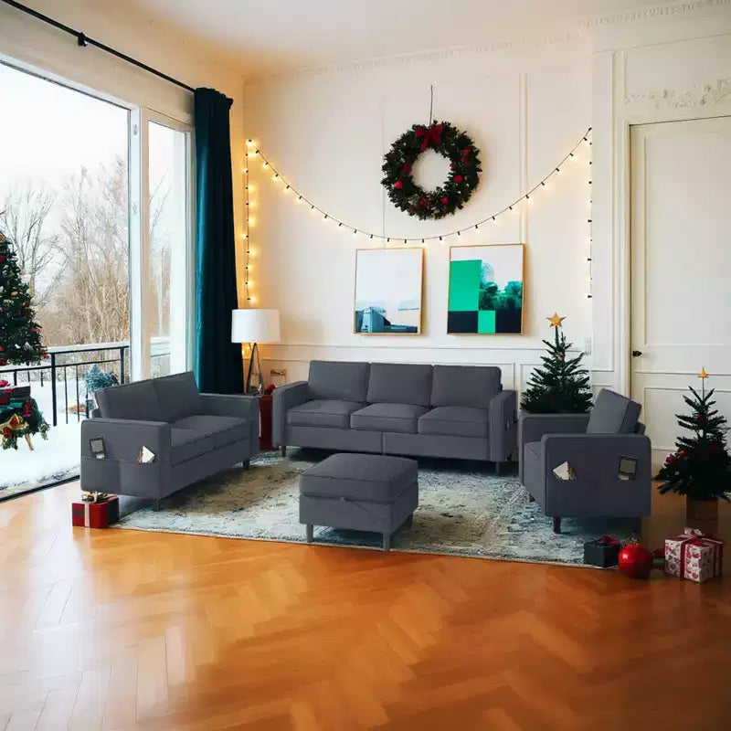 Mjkone 78 Linen Sectional Couches Set , 3-Seater Sofa with Storage Ottoman and Loveset Sofa and Armchair