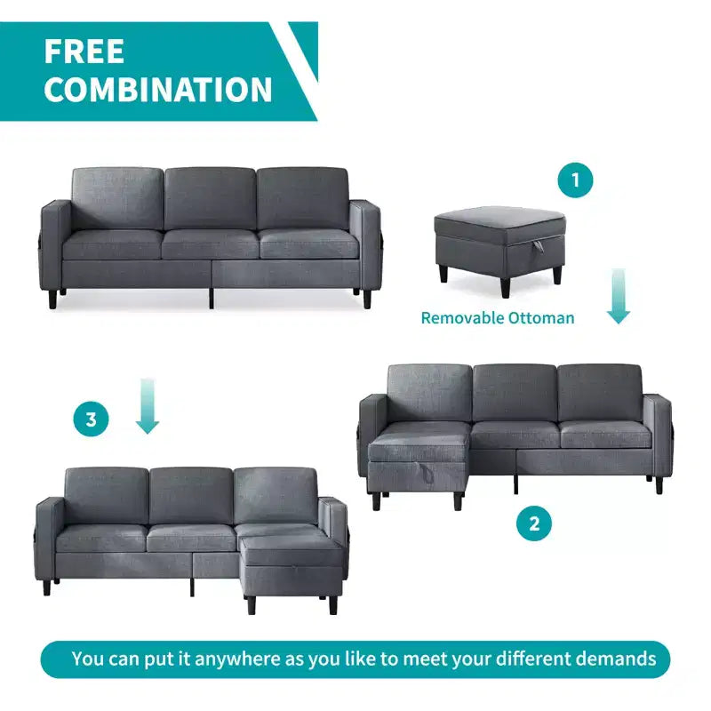 Mjkone 78 Linen Sectional Couches Set , 3-Seater Sofa with Storage Ottoman and Loveset Sofa and Armchair