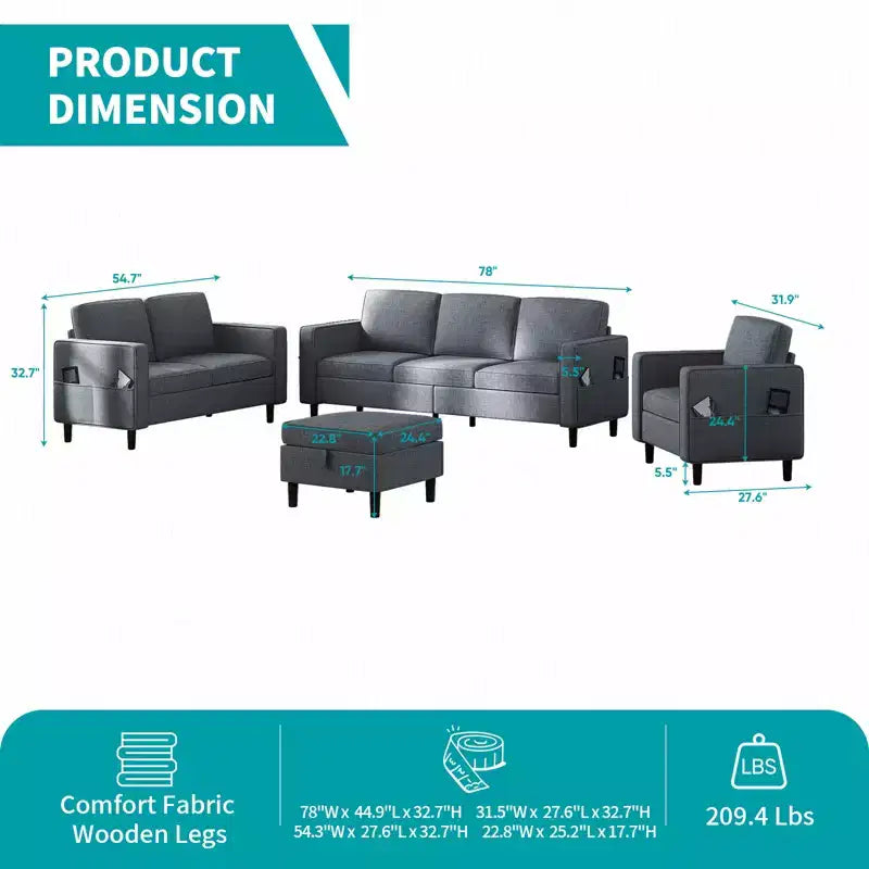 Mjkone 78 Linen Sectional Couches Set , 3-Seater Sofa with Storage Ottoman and Loveset Sofa and Armchair