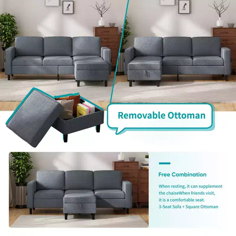 Mjkone 78 Linen Sectional Couches Set , 3-Seater Sofa with Storage Ottoman and Loveset Sofa and Armchair