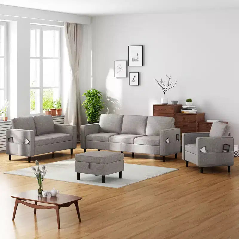 Mjkone 78 Linen Sectional Couches Set , 3-Seater Sofa with Storage Ottoman and Loveset Sofa and Armchair
