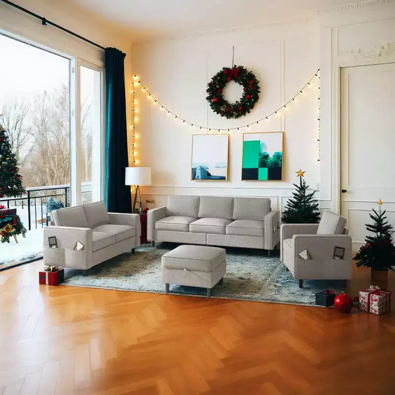 Mjkone 78 Linen Sectional Couches Set , 3-Seater Sofa with Storage Ottoman and Loveset Sofa and Armchair