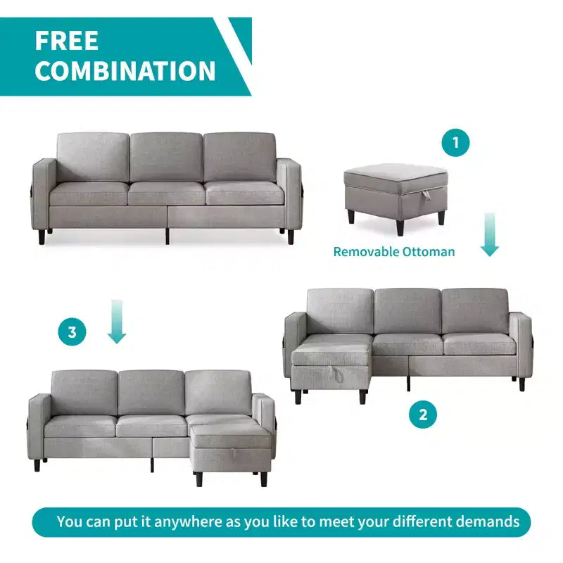 Mjkone 78 Linen Sectional Couches Set , 3-Seater Sofa with Storage Ottoman and Loveset Sofa and Armchair