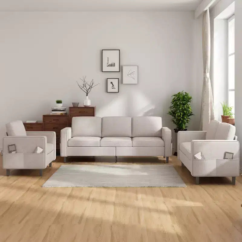 Mjkone 78 Linen Sectional Couches Set , 3-Seater Sofa with Storage Ottoman and Loveset Sofa and Armchair