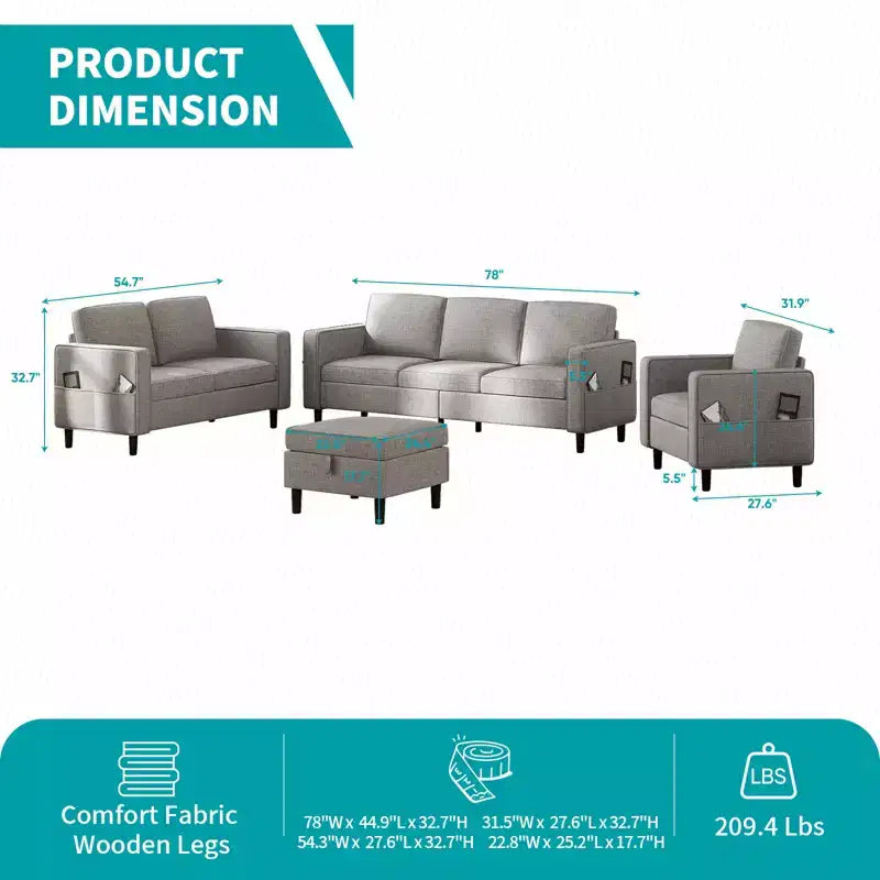 Mjkone 78 Linen Sectional Couches Set , 3-Seater Sofa with Storage Ottoman and Loveset Sofa and Armchair