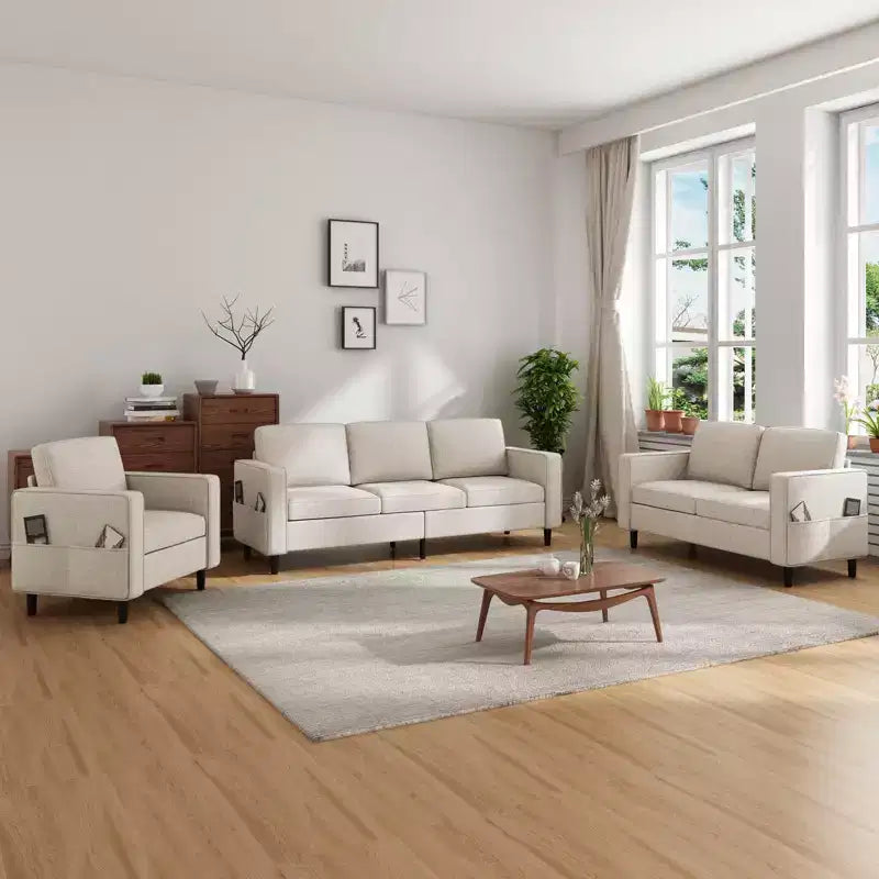 Mjkone 78 Linen Sectional Couches Set , 3-Seater Sofa with Storage Ottoman and Loveset Sofa and Armchair