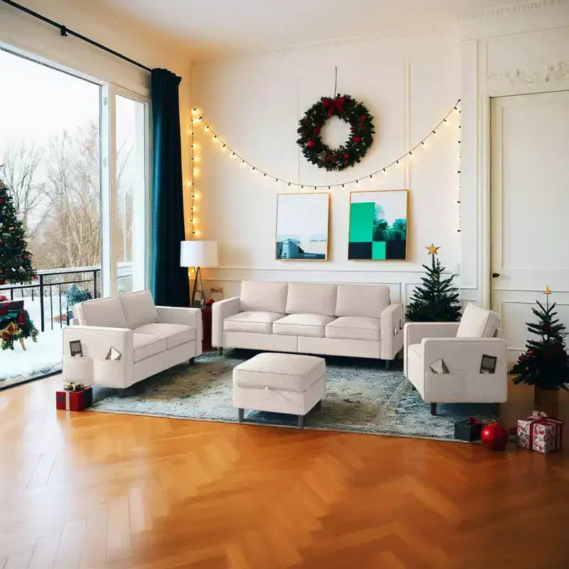Mjkone 78 Linen Sectional Couches Set , 3-Seater Sofa with Storage Ottoman and Loveset Sofa and Armchair