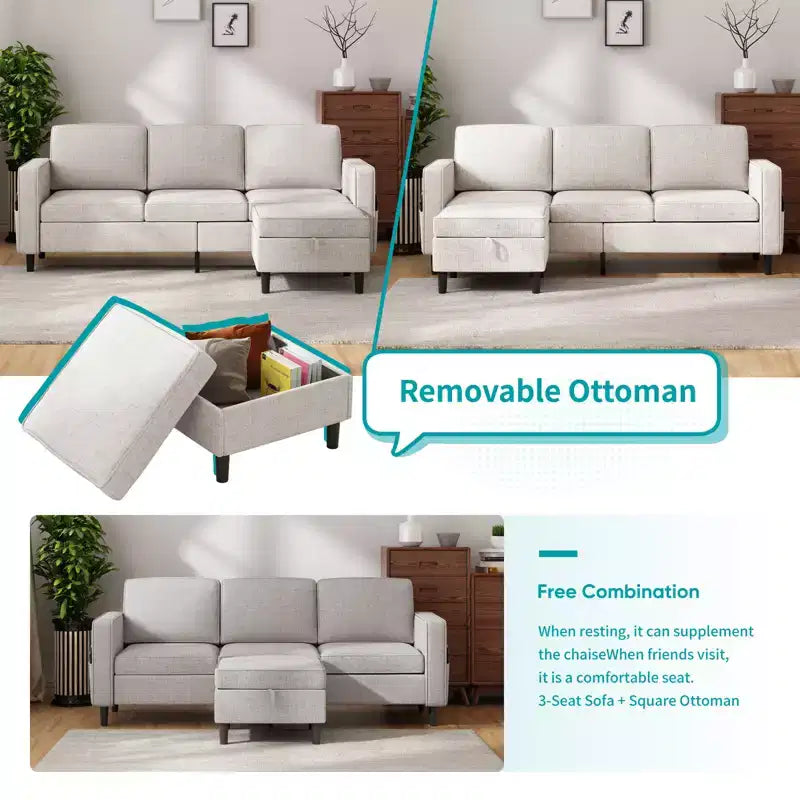 Mjkone 78 Linen Sectional Couches Set , 3-Seater Sofa with Storage Ottoman and Loveset Sofa and Armchair