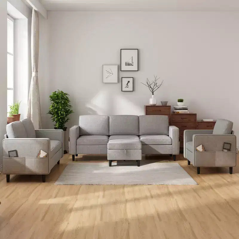 Juego de sofás seccionales Mjkone 78 de lino, sofá de 3 plazas con otomana de almacenamiento y sofá de dos plazas y sillón