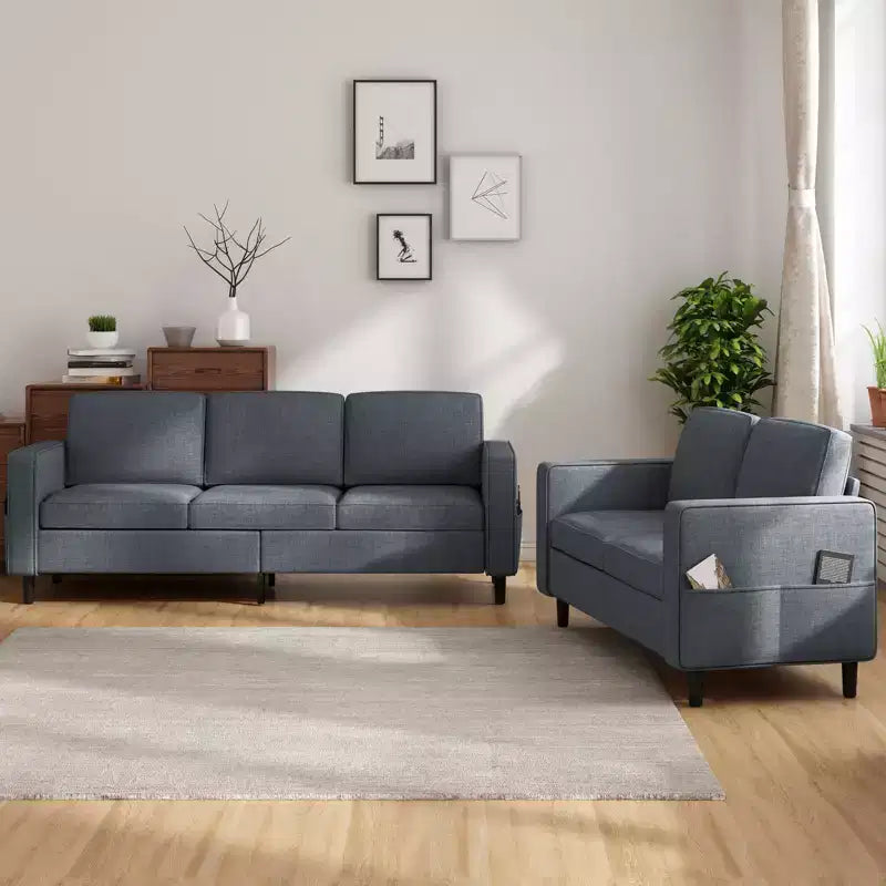 Mjkone 3PCS Convertible Sectional Sofa Set, Linen 3-Seater Sofa & Loveseat Couch with Side Pocket, Storage Ottoman