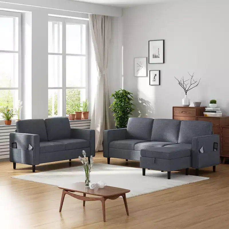 Mjkone 3PCS Convertible Sectional Sofa Set, Linen 3-Seater Sofa & Loveseat Couch with Side Pocket, Storage Ottoman