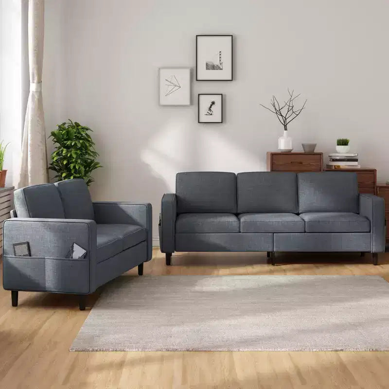 Mjkone 3PCS Convertible Sectional Sofa Set, Linen 3-Seater Sofa & Loveseat Couch with Side Pocket, Storage Ottoman