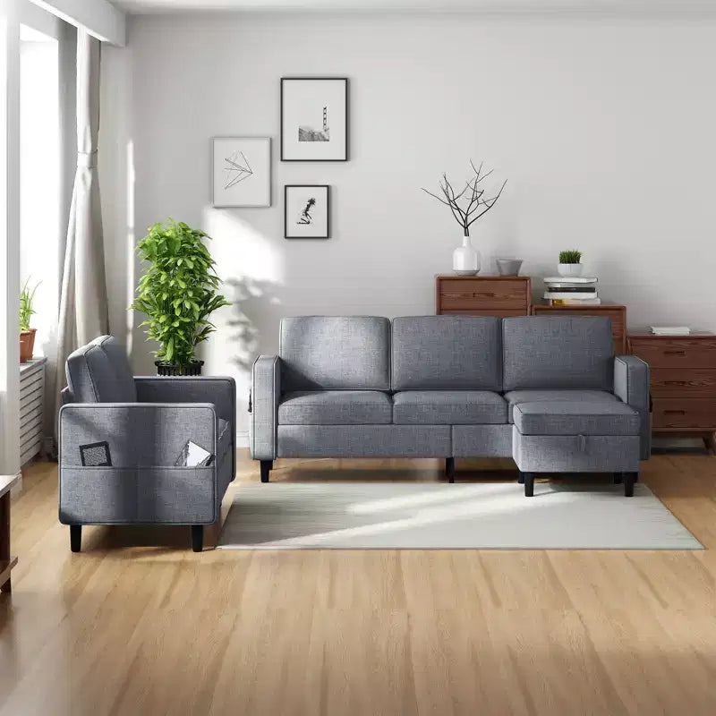Mjkone 3PCS Convertible Sectional Sofa Set, Linen 3-Seater Sofa & Loveseat Couch with Side Pocket, Storage Ottoman