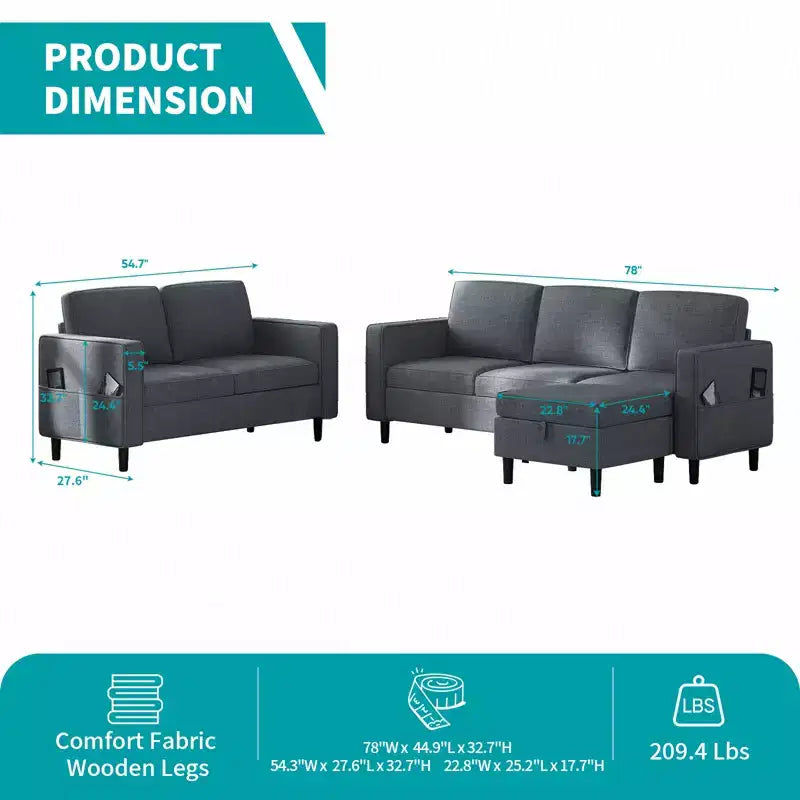 Mjkone 3PCS Convertible Sectional Sofa Set, Linen 3-Seater Sofa & Loveseat Couch with Side Pocket, Storage Ottoman