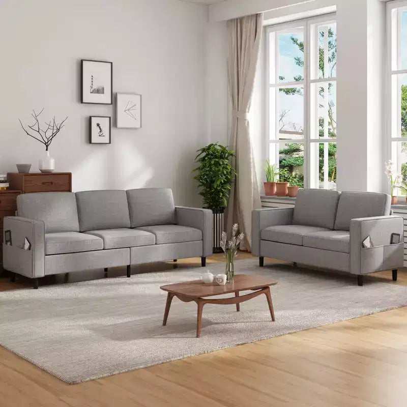 Mjkone 3PCS Convertible Sectional Sofa Set, Linen 3-Seater Sofa & Loveseat Couch with Side Pocket, Storage Ottoman