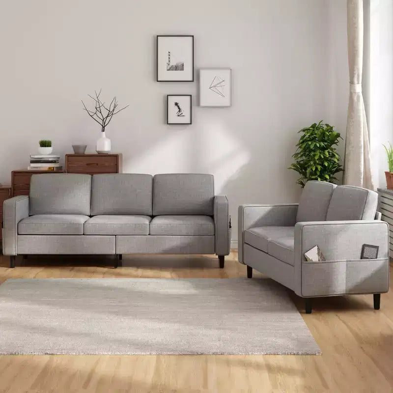 Mjkone 3PCS Convertible Sectional Sofa Set, Linen 3-Seater Sofa & Loveseat Couch with Side Pocket, Storage Ottoman