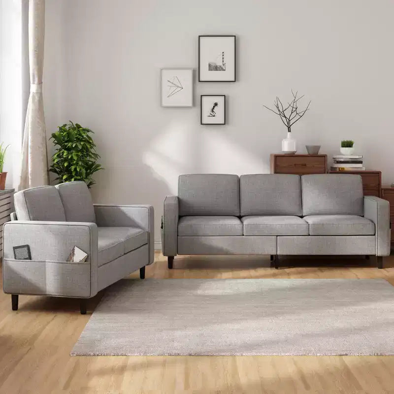 Mjkone 3PCS Convertible Sectional Sofa Set, Linen 3-Seater Sofa & Loveseat Couch with Side Pocket, Storage Ottoman