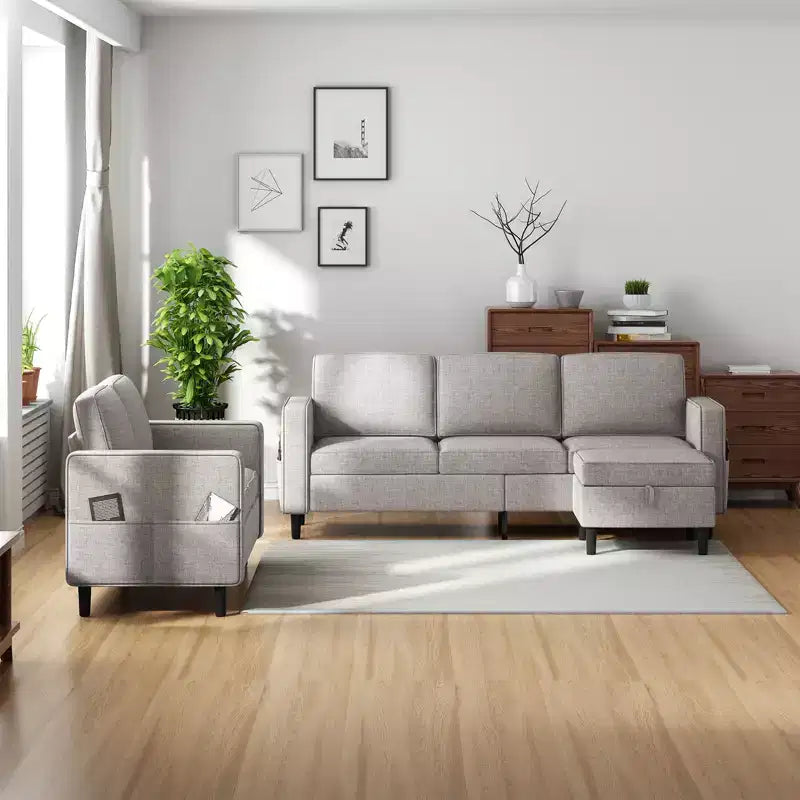 Mjkone 3PCS Convertible Sectional Sofa Set, Linen 3-Seater Sofa & Loveseat Couch with Side Pocket, Storage Ottoman