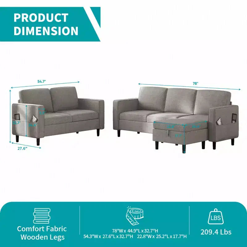 Mjkone 3PCS Convertible Sectional Sofa Set, Linen 3-Seater Sofa & Loveseat Couch with Side Pocket, Storage Ottoman